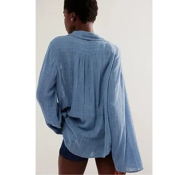 Free People FP One Mila Shirt Blue Ethereal Dainty Romantic Lace Gauze Medium